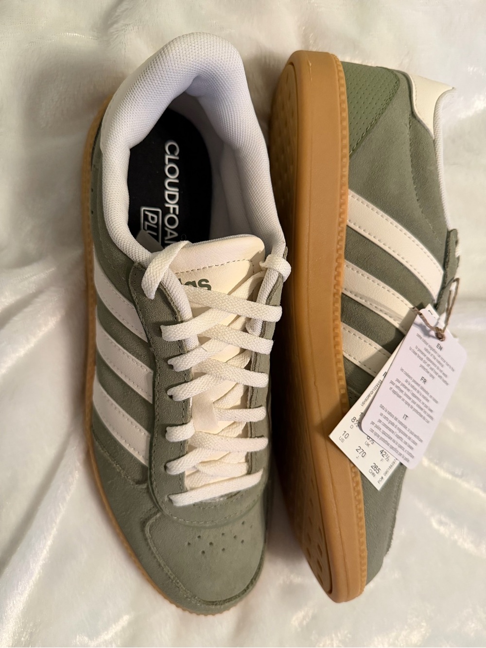 adidas Olive Green Suede Sneakers with White Stripes and Gum Sole - Picture 8 of 11